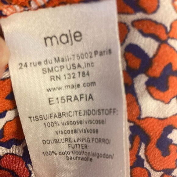 Maje Paris Rafia Print Mini Dress with Smocked Waist. Orange/Blue. Size Medium. - Picture 8 of 9